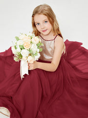 Long Junior Bridesmaid Gown Sequined Top Tulle Skirt Burgundy