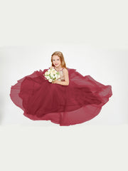 Long Junior Bridesmaid Gown Sequined Top Tulle Skirt Burgundy
