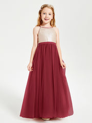 Long Junior Bridesmaid Gown Sequined Top Tulle Skirt Burgundy