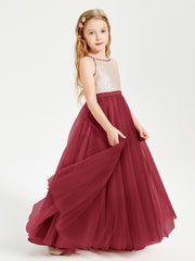 Long Junior Bridesmaid Gown Sequined Top Tulle Skirt Burgundy