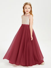 Long Junior Bridesmaid Gown Sequined Top Tulle Skirt Burgundy