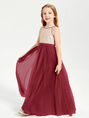 Long Junior Bridesmaid Gown Sequined Top Tulle Skirt Burgundy