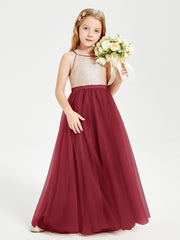 Long Junior Bridesmaid Gown Sequined Top Tulle Skirt Burgundy