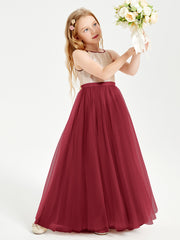 Long Junior Bridesmaid Gown Sequined Top Tulle Skirt Burgundy