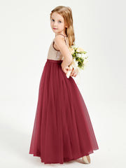 Long Junior Bridesmaid Gown Sequined Top Tulle Skirt Burgundy