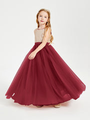 Long Junior Bridesmaid Gown Sequined Top Tulle Skirt Burgundy