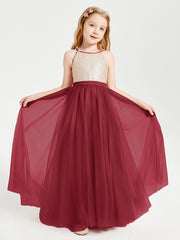 Long Junior Bridesmaid Gown Sequined Top Tulle Skirt Burgundy