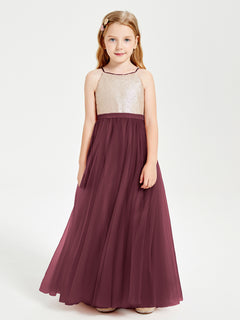 Long Junior Bridesmaid Gown Sequined Top Tulle Skirt Cabernet