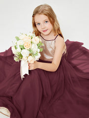 Long Junior Bridesmaid Gown Sequined Top Tulle Skirt Cabernet