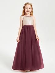 Long Junior Bridesmaid Gown Sequined Top Tulle Skirt Cabernet