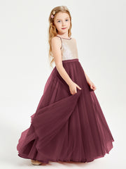 Long Junior Bridesmaid Gown Sequined Top Tulle Skirt Cabernet