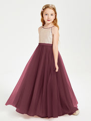 Long Junior Bridesmaid Gown Sequined Top Tulle Skirt Cabernet