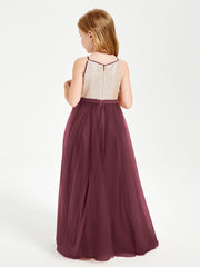 Long Junior Bridesmaid Gown Sequined Top Tulle Skirt Cabernet