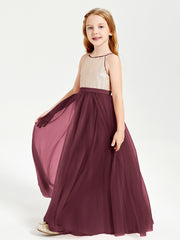 Long Junior Bridesmaid Gown Sequined Top Tulle Skirt Cabernet
