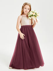 Long Junior Bridesmaid Gown Sequined Top Tulle Skirt Cabernet
