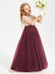 Long Junior Bridesmaid Gown Sequined Top Tulle Skirt Cabernet