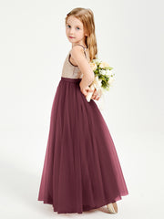Long Junior Bridesmaid Gown Sequined Top Tulle Skirt Cabernet