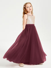 Long Junior Bridesmaid Gown Sequined Top Tulle Skirt Cabernet