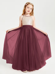Long Junior Bridesmaid Gown Sequined Top Tulle Skirt Cabernet