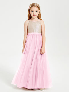 Long Junior Bridesmaid Gown Sequined Top Tulle Skirt Candy Pink