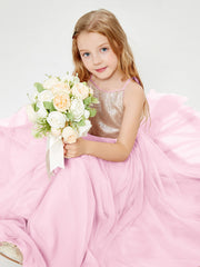 Long Junior Bridesmaid Gown Sequined Top Tulle Skirt Candy Pink