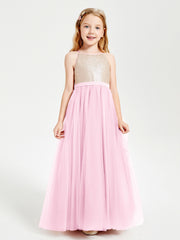 Long Junior Bridesmaid Gown Sequined Top Tulle Skirt Candy Pink