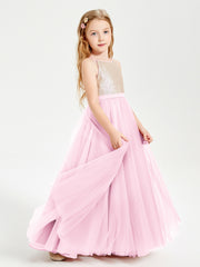 Long Junior Bridesmaid Gown Sequined Top Tulle Skirt Candy Pink