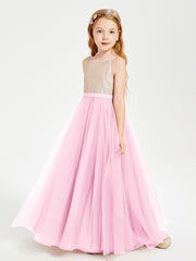 Long Junior Bridesmaid Gown Sequined Top Tulle Skirt Candy Pink