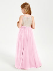 Long Junior Bridesmaid Gown Sequined Top Tulle Skirt Candy Pink
