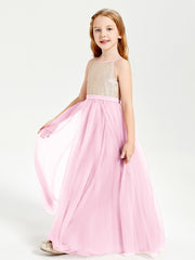Long Junior Bridesmaid Gown Sequined Top Tulle Skirt Candy Pink