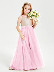 Long Junior Bridesmaid Gown Sequined Top Tulle Skirt Candy Pink