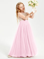 Long Junior Bridesmaid Gown Sequined Top Tulle Skirt Candy Pink