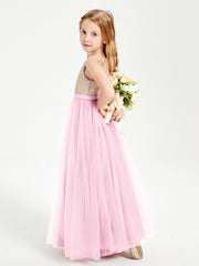 Long Junior Bridesmaid Gown Sequined Top Tulle Skirt Candy Pink