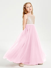 Long Junior Bridesmaid Gown Sequined Top Tulle Skirt Candy Pink
