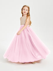 Long Junior Bridesmaid Gown Sequined Top Tulle Skirt Candy Pink