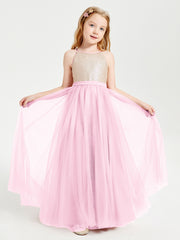 Long Junior Bridesmaid Gown Sequined Top Tulle Skirt Candy Pink