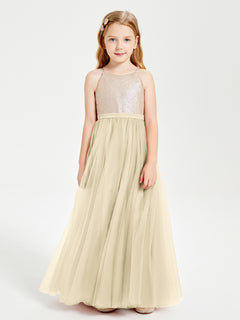 Long Junior Bridesmaid Gown Sequined Top Tulle Skirt Champagne