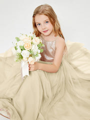 Long Junior Bridesmaid Gown Sequined Top Tulle Skirt Champagne