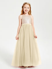 Long Junior Bridesmaid Gown Sequined Top Tulle Skirt Champagne