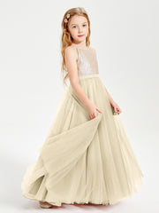 Long Junior Bridesmaid Gown Sequined Top Tulle Skirt Champagne