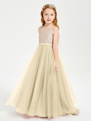 Long Junior Bridesmaid Gown Sequined Top Tulle Skirt Champagne