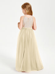 Long Junior Bridesmaid Gown Sequined Top Tulle Skirt Champagne