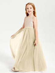 Long Junior Bridesmaid Gown Sequined Top Tulle Skirt Champagne