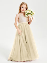 Long Junior Bridesmaid Gown Sequined Top Tulle Skirt Champagne