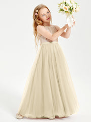 Long Junior Bridesmaid Gown Sequined Top Tulle Skirt Champagne