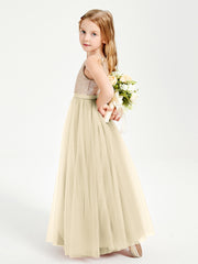 Long Junior Bridesmaid Gown Sequined Top Tulle Skirt Champagne