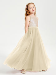 Long Junior Bridesmaid Gown Sequined Top Tulle Skirt Champagne