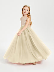 Long Junior Bridesmaid Gown Sequined Top Tulle Skirt Champagne