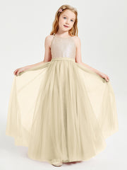 Long Junior Bridesmaid Gown Sequined Top Tulle Skirt Champagne
