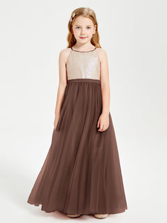 Long Junior Bridesmaid Gown Sequined Top Tulle Skirt Chocolate